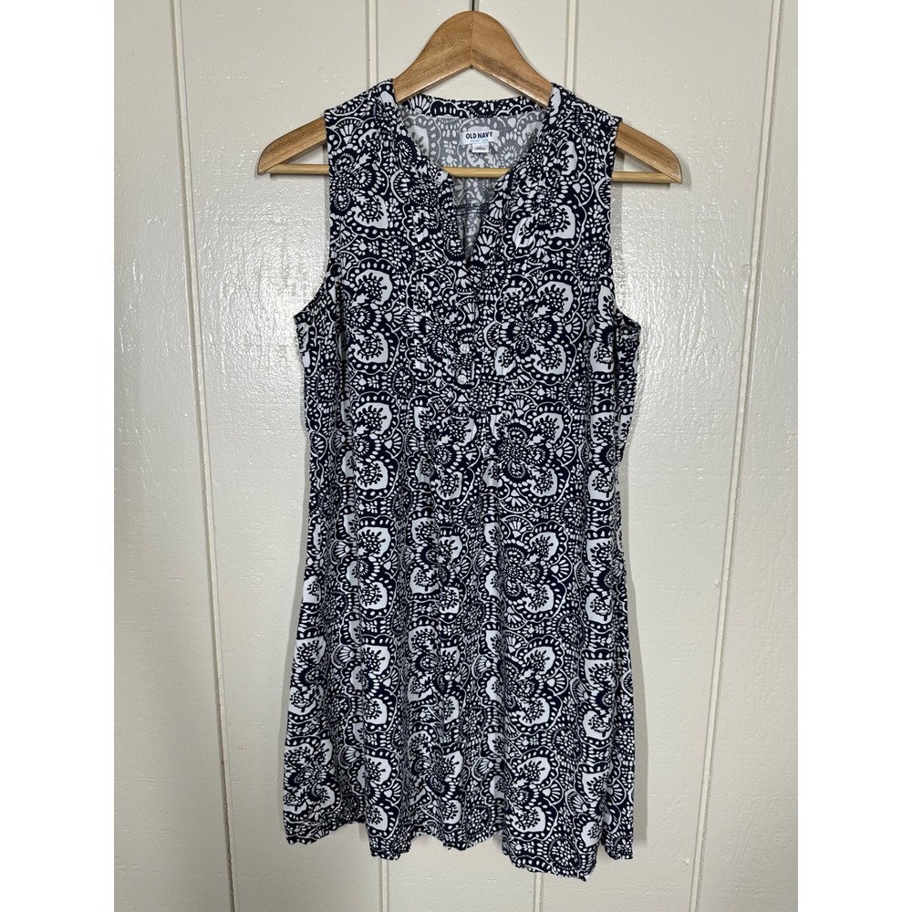Old Navy Dress Womens M Blue White Shift Sleeveless Medallion Paisley Boho 7599